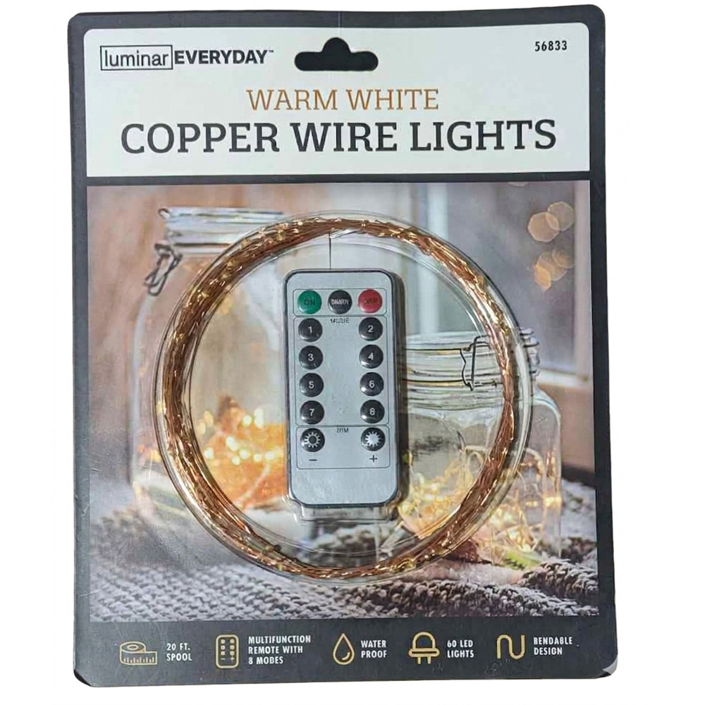 Luminar Warm White Copper Wire String Lights Remote 20ft 60 LED Indoor/Outdoor